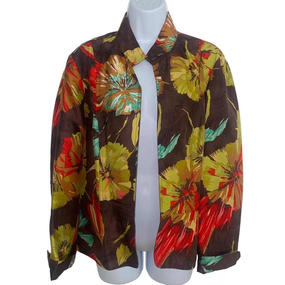 Coldwater Creek Brown Floral 100% Silk Blazer Open Front Career Women Large